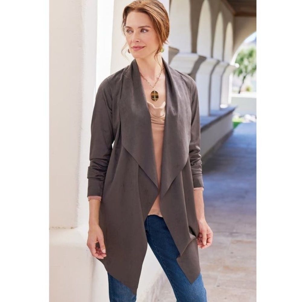 Soft Surroundings Ultra Soft Faux Suede Waterfall Cardigan Grey Sz M